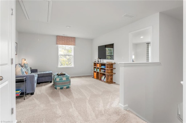 interior space featuring light colored carpet