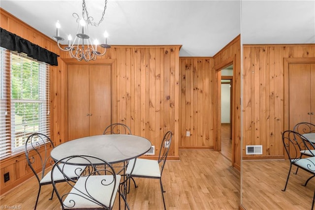 4750 Carlton Dr, Winston-Salem, NC 27105 - dining room featuring a chandelier, wood walls, light wood-type flooring, and baseboards