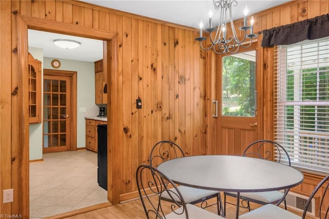 4750 Carlton Dr, Winston-Salem, NC 27105 - dining space featuring a chandelier, wooden walls, and baseboards