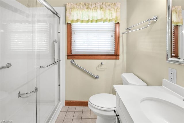 4750 Carlton Dr, Winston-Salem, NC 27105 - full bath featuring a stall shower, toilet, vanity, tile patterned floors, and baseboards