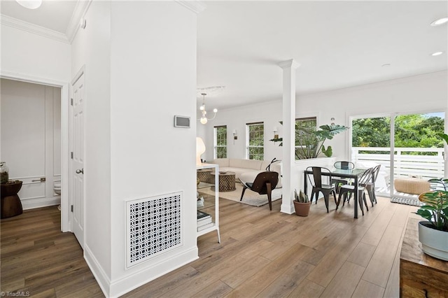 corridor with a wealth of natural light, ornamental molding, wood finished floors, and visible vents