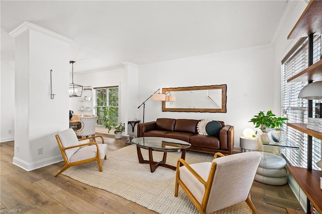 living area featuring wood-type flooring, baseboards, and ornamental molding
