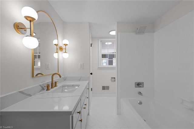 full bath featuring visible vents, baseboards,  shower combination, and vanity