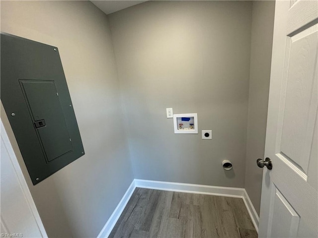 laundry room featuring hookup for an electric dryer, washer hookup, wood-type flooring, and electric panel