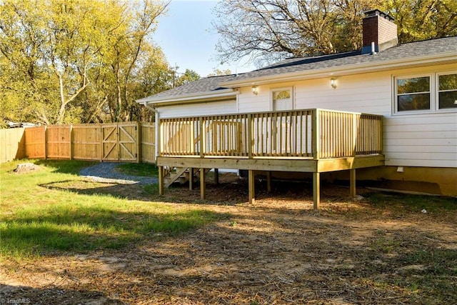 5515 Bethania Rd, Pfafftown, NC 27040 - back of property with a deck, a chimney, a shingled roof, and a gate