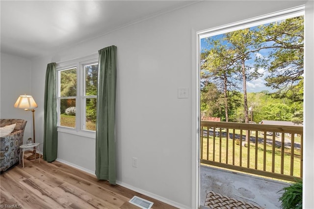 120 King Charles Rd, Hillsborough, NC 27278 - doorway with baseboards, wood finished floors, and visible vents