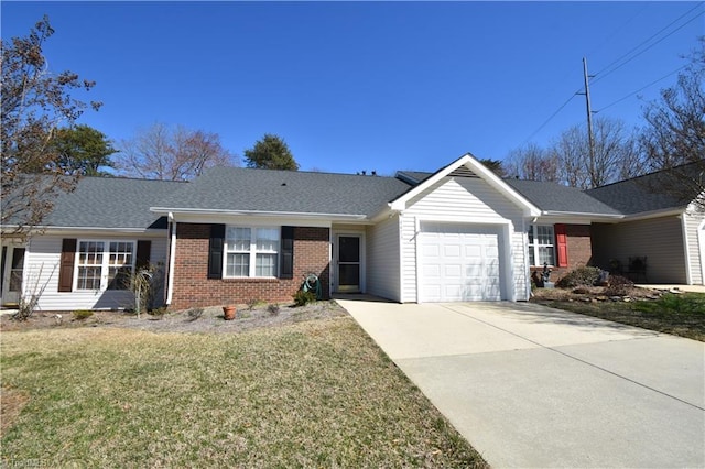 ranch-style home with an attached garage, brick siding, driveway, roof with shingles, and a front lawn