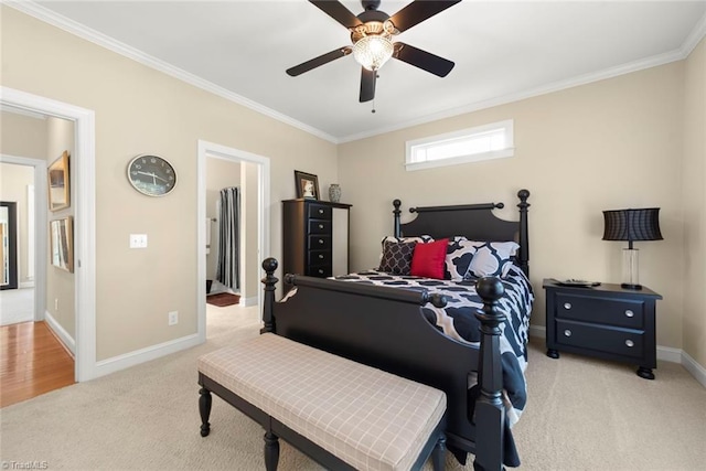 bedroom with light carpet, crown molding, and ceiling fan