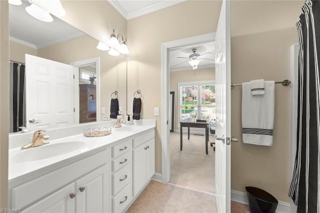 bathroom featuring vanity, crown molding, tile patterned flooring, and ceiling fan