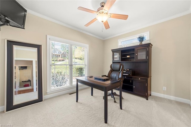 carpeted office space with crown molding, a wealth of natural light, and ceiling fan