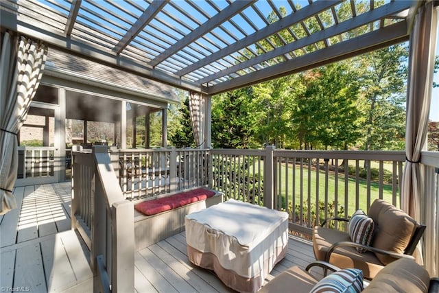 wooden terrace with a pergola and a yard