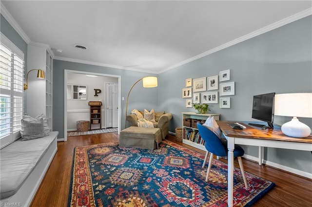 1603 Ilchester Ct, Greensboro, NC 27408 - office area with healthy amount of natural light, crown molding, and wood finished floors
