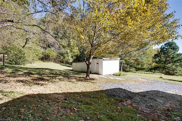 view of yard with an outdoor structure and a storage shed