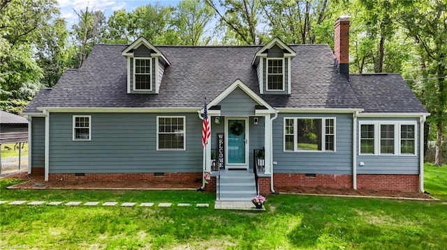 1052 Hughes Trl, Elon, NC 27244 - cape cod house with crawl space, a front lawn, a chimney, and roof with shingles