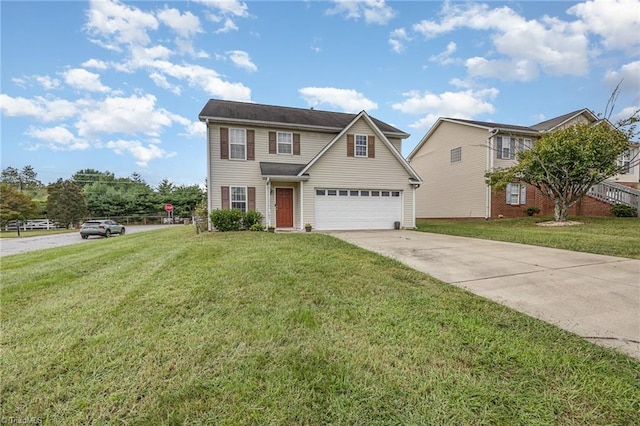 view of front of house with a front yard and a garage