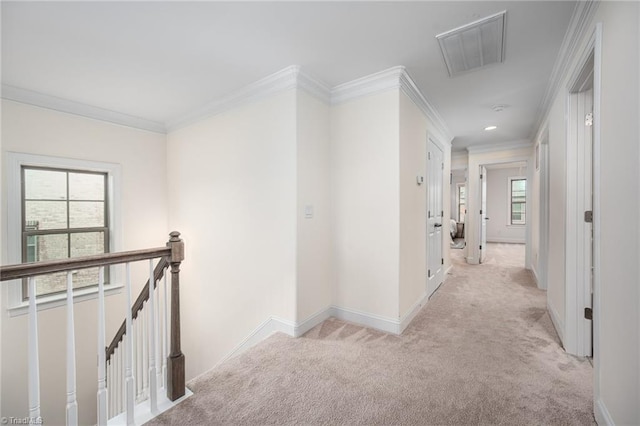 914 Bonanza Ln, Mebane, NC 27302 - corridor with visible vents, an upstairs landing, light carpet, crown molding, and baseboards