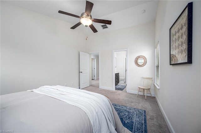 914 Bonanza Ln, Mebane, NC 27302 - carpeted bedroom featuring visible vents, connected bathroom, a ceiling fan, and baseboards