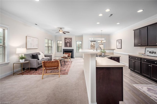 914 Bonanza Ln, Mebane, NC 27302 - kitchen with light countertops, ornamental molding, visible vents, and a sink