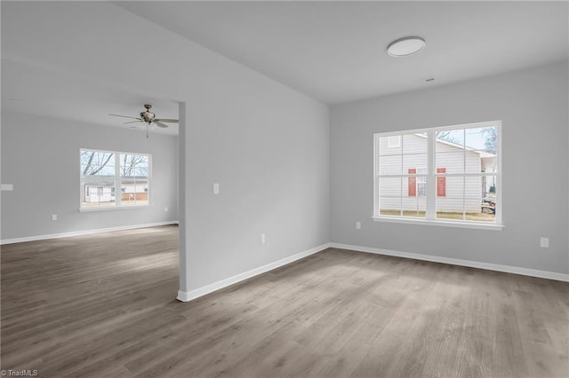 unfurnished room featuring ceiling fan, a wealth of natural light, and hardwood / wood-style flooring