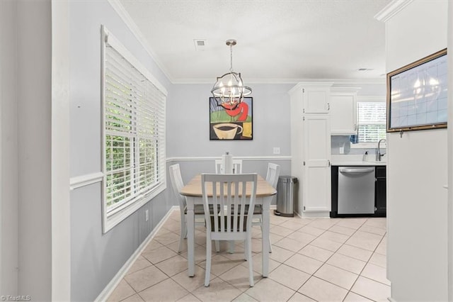 6796 Ironwood Cir, Greensboro, NC 27410 - dining room featuring a chandelier, crown molding, light tile patterned flooring, and baseboards