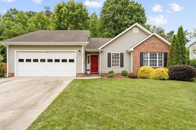 6796 Ironwood Cir, Greensboro, NC 27410 - single story home with driveway, an attached garage, a front yard, and a shingled roof