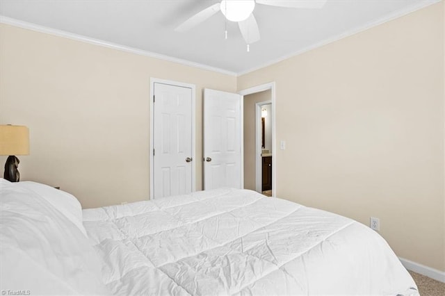 6796 Ironwood Cir, Greensboro, NC 27410 - bedroom featuring ornamental molding, ceiling fan, baseboards, and carpet