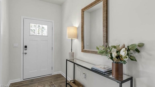 foyer entrance featuring dark wood-type flooring and baseboards