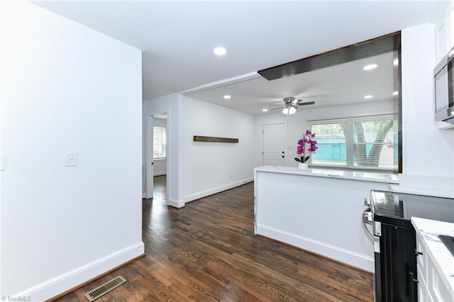 kitchen with white cabinets, dark wood-type flooring, plenty of natural light, and ceiling fan