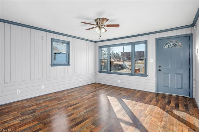 entryway featuring crown molding, wood walls, ceiling fan, and dark hardwood / wood-style flooring