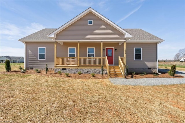 view of front of house with roof with shingles, a porch, and crawl space