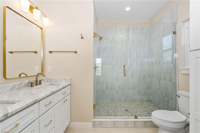 full bath with toilet, a shower stall, a sink, and tile patterned flooring