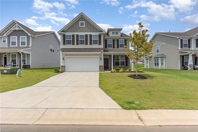 1515 Peabody Ct, Mebane, NC 27302 - craftsman house with board and batten siding, concrete driveway, brick siding, an attached garage, and a front yard