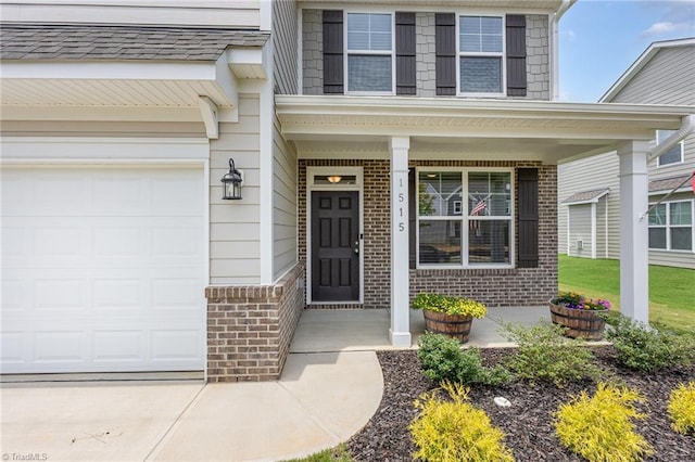 1515 Peabody Ct, Mebane, NC 27302 - property entrance featuring brick siding, a porch, and a garage