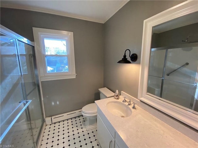 bathroom featuring walk in shower, toilet, a baseboard radiator, vanity, and ornamental molding