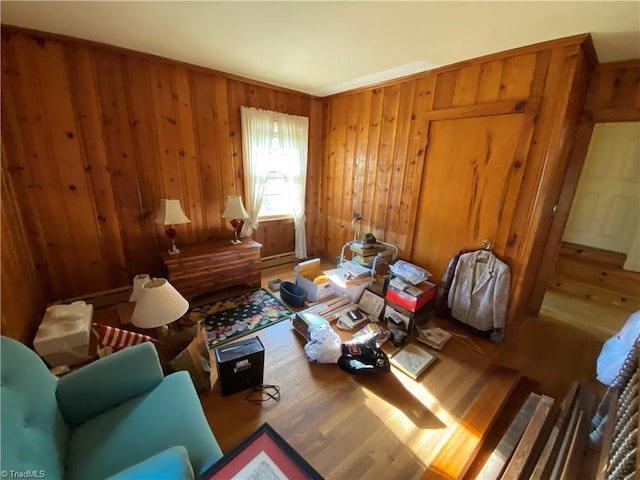 living area with wood walls