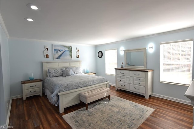 bedroom featuring ornamental molding and dark wood-type flooring