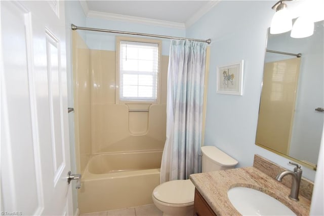 full bathroom with ornamental molding, toilet, shower / tub combo, and vanity