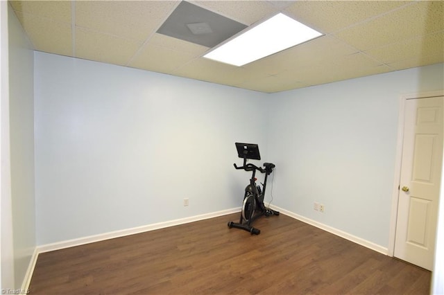 workout room featuring dark wood-type flooring and a paneled ceiling