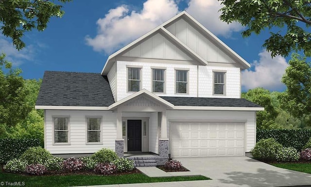 view of front of home featuring a garage, board and batten siding, driveway, and roof with shingles