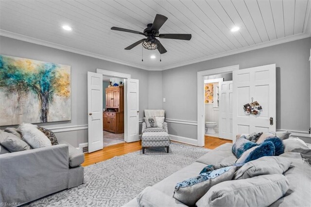 living area featuring recessed lighting, light wood-type flooring, crown molding, ceiling fan, and wooden ceiling