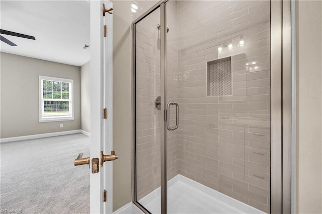 1333 Union Cross Rd, Kernersville, NC 27284 - bathroom featuring a ceiling fan, a stall shower, and baseboards