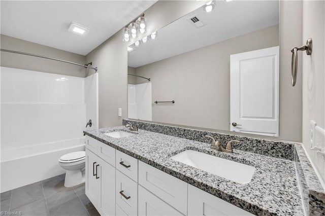1333 Union Cross Rd, Kernersville, NC 27284 - bathroom featuring shower / bath combination, toilet, double vanity, and tile patterned floors