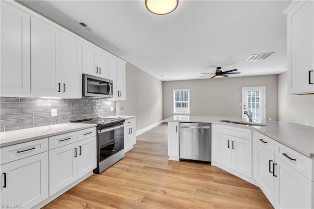 1333 Union Cross Rd, Kernersville, NC 27284 - kitchen with stainless steel appliances, a sink, ceiling fan, decorative backsplash, and light wood-type flooring