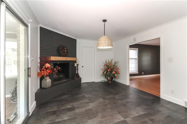 living room with ornamental molding and dark hardwood / wood-style floors