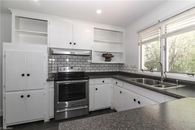 kitchen with stainless steel electric range, backsplash, white cabinetry, sink, and ornamental molding