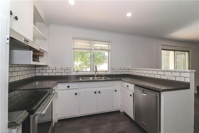 kitchen featuring crown molding, white cabinetry, tasteful backsplash, sink, and appliances with stainless steel finishes