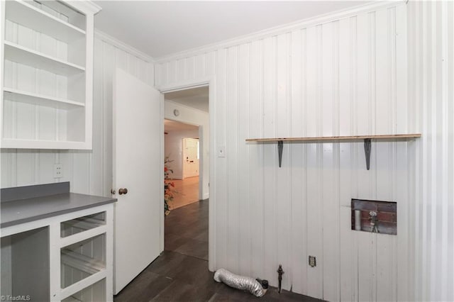 interior space featuring crown molding, wood walls, and dark hardwood / wood-style floors