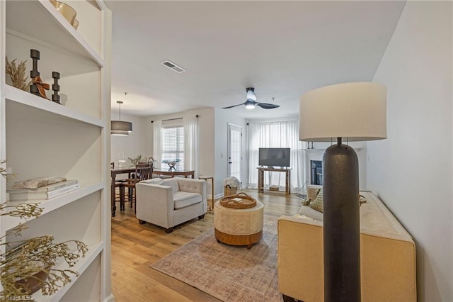 221 Quietwood Dr Unit 221, Winston-Salem, NC 27103 - living room featuring light wood-type flooring, a ceiling fan, and a fireplace
