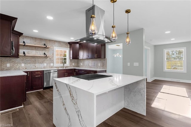 kitchen with pendant lighting, island exhaust hood, a center island, and dishwasher