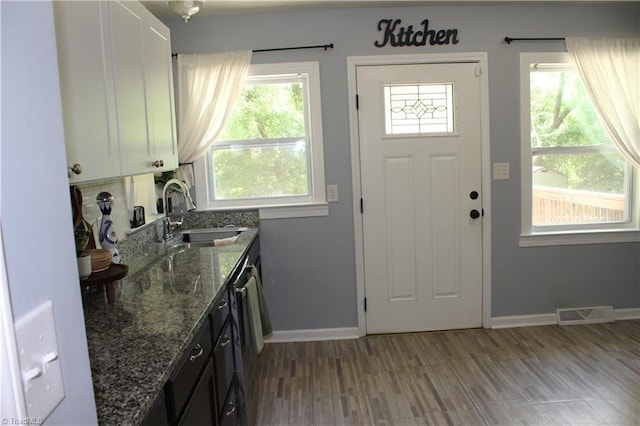 foyer featuring wood finished floors, visible vents, and baseboards